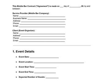 Mobile Bar Contract Agreement – Editable PDF & DOC Template – Event Bartending Service Contract – Instant Download