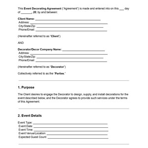 May include: A white document headed "EVENT DECORATING CONTRACT" with spaces for client and decorator details. It details the agreement's purpose, event specifics, and scope of services, with lines for completion.