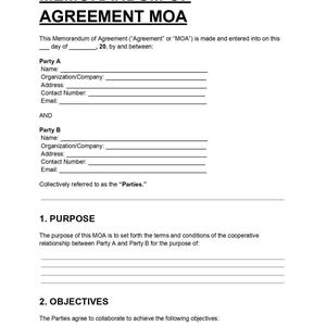 Könnte beinhalten: Ein weißes Dokument mit dem Titel "MEMORANDUM OF AGREEMENT MOA" mit Abschnitten für die Namen, Adressen und Ziele der Parteien. Das Dokument enthält den Text "Agreement" oder "MOA" und ist datiert.