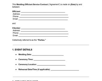 Wedding Officiant Service Contract | Editable DOC PDF