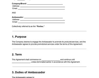 Brand Ambassador Agreement Template | Influencer Marketing Contract | PDF & DOC for Partnerships, Promotions And Collabs
