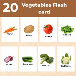 20 cartes-éclair de légumes PNG PDF | Éducatif à imprimer pour enfants et tout-petits | Apprenez des noms de légumes avec de jolies cartes visuelles