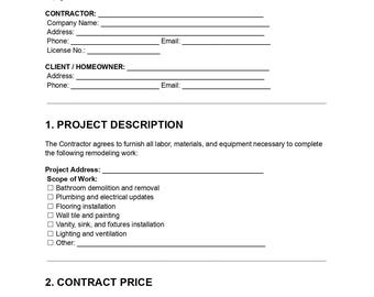 Bathroom Remodel Contract, Renovation Agreement, Doc Pdf