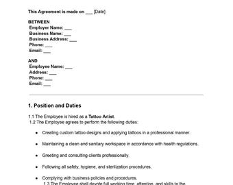 Tattoo Artist Employee Agreement Template: Studio Employment Contract (DOC & PDF)