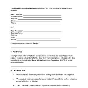 Könnte beinhalten: Ein weißes Dokument mit der Überschrift „DATENVERARBEITUNGSVEREINBARUNG“. Es enthält Abschnitte für Informationen zum Datenverantwortlichen und -verarbeiter und definiert Begriffe.