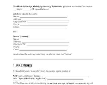 Monthly Garage Rental Agreement: Editable Lease Template (PDF & Word)