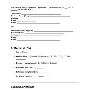 Puede incluir: Un documento en blanco y negro titulado "WEBSITE DESIGN CONTRACT". El contrato incluye secciones para la información del cliente y del proveedor de servicios, los detalles del proyecto y los servicios prestados, como el diseño web y el diseño responsivo.