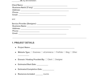 Website Design Contract | Editable DOC PDF | Web Developer Agreement | Client Project Form | Designer Template