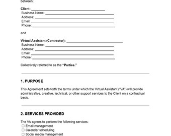 Puede incluir: Un documento blanco titulado "CONTRATO DE SERVICIO DE ASISTENTE VIRTUAL". Detalla un acuerdo de servicio con secciones para información del cliente y contratista, y servicios ofrecidos.