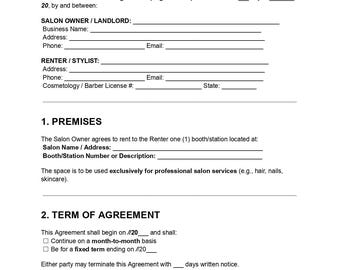 Salon Booth Rental Agreement, Beauty Lease Form, Doc Pdf