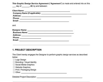 Graphic Design Service Contract | Editable DOC PDF | Designer Agreement | Client Project Form | Freelance Template