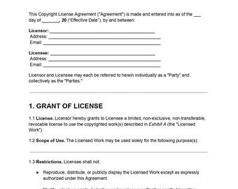 May include: A white document titled "COPYRIGHT LICENSE AGREEMENT" with black text. The document includes sections for Licensor and Licensee information, a Grant of License, and Restrictions. The text is clear and legible.