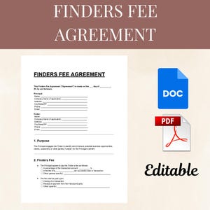 Peut inclure: Un document blanc d'accord de frais de recherche avec le titre en grand texte. Le document comprend des champs pour les informations du mandant et du chercheur, et des sections sur l'objet et les frais de recherche. Des icônes pour les fichiers DOC et PDF sont affichées.