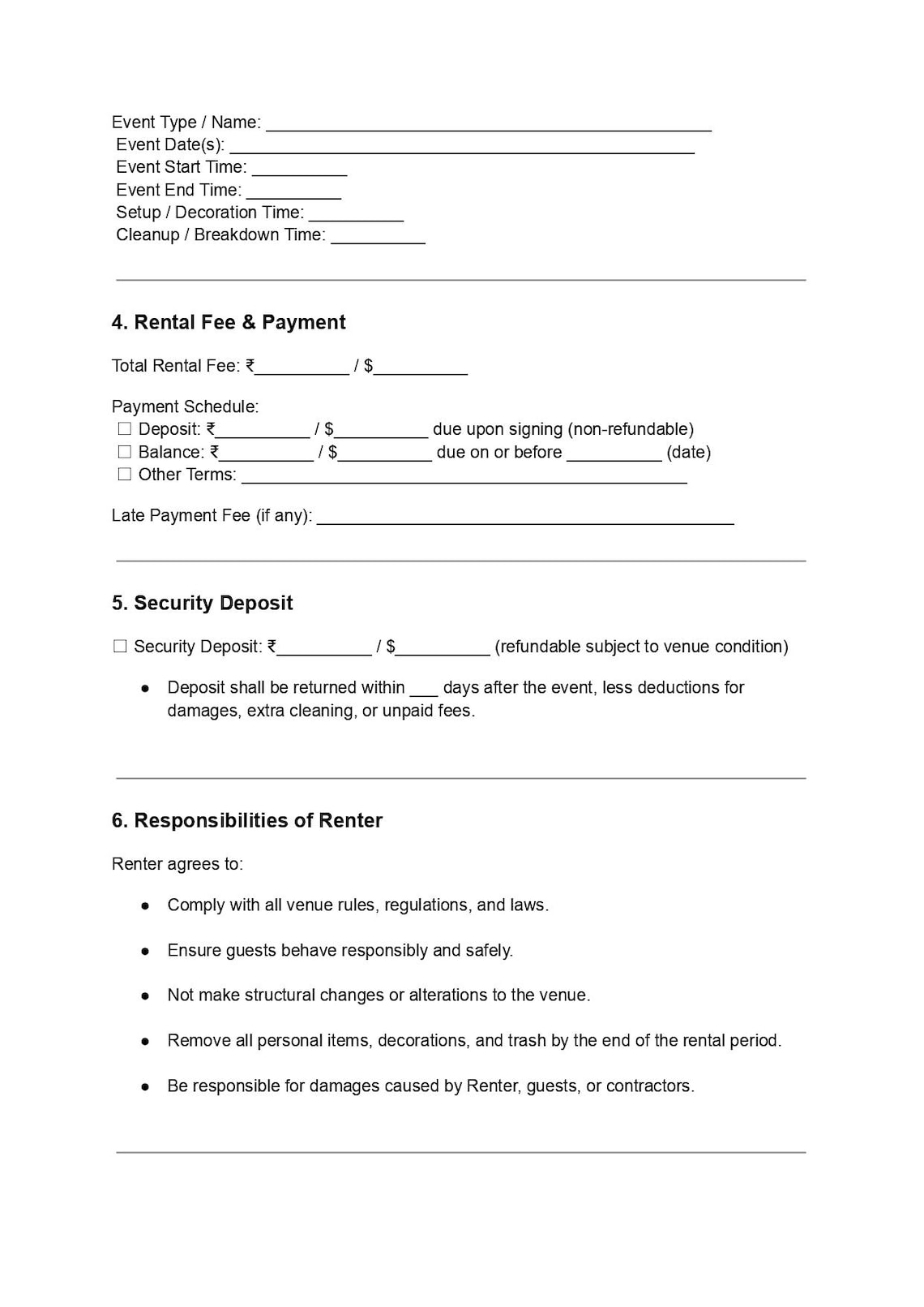 Example Event Rental Agreement Venue Rental Agreement Template | Event Space Contract | Editable DOC ...