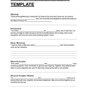May include: A white template titled "MAID OF HONOUR SPEECH TEMPLATE" with sections for an opening, introduction, story/memories, couple details, personal wishes, and thank yous. The template is designed for a maid of honour speech.