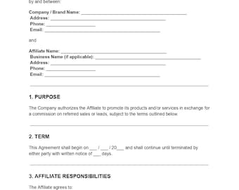 Affiliate Service Contract | Editable DOC PDF | Marketing Agreement | Influencer Form | Partnership Template
