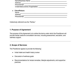 Herbal Medicine Consultation Agreement Template | Editable DOC & PDF | Natural Health Contract