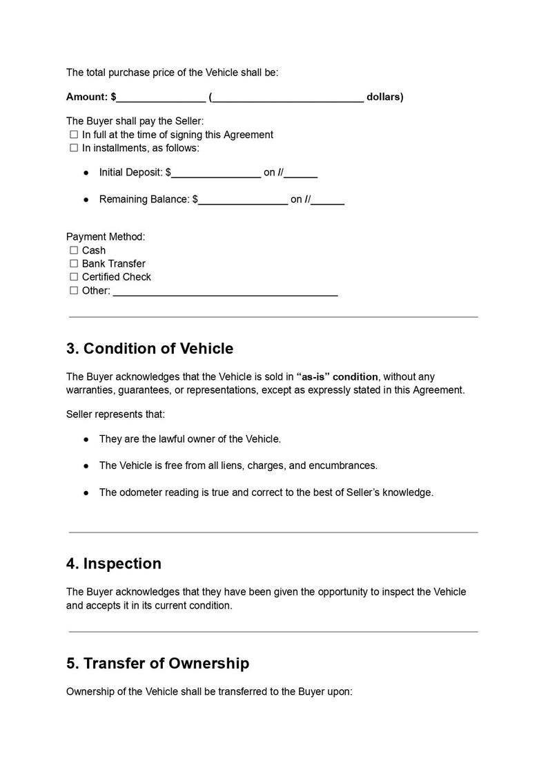Car Agreement Template | Vehicle Purchase Contract (PDF & DOCX Editable ...