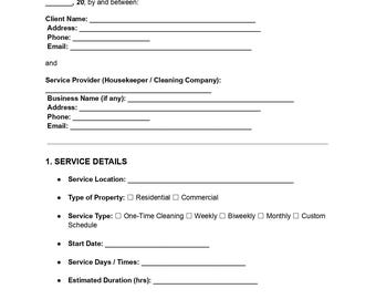 Housekeeping Service Contract | Editable DOC PDF | Cleaning Agreement | Maid Service Form | Residential Cleaner Template