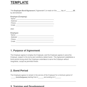 Op de afbeelding: Een witte Employee Bond Agreement-sjabloon met zwarte tekst. Het document bevat secties voor werkgever- en werknemersinformatie, het doel van de overeenkomst, de borgsomperiode en details over training en ontwikkeling.
