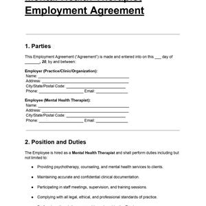Mental Health Therapist Employment Agreement Template: Editable DOC + PDF