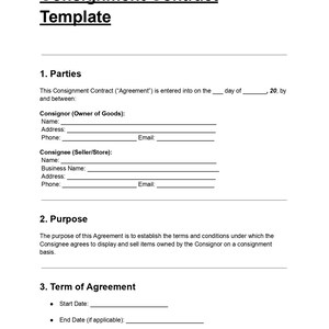 May include: A white document titled "Consignment Contract Template" with sections for parties, purpose, and terms of agreement. Includes fields for names, addresses, and contact information. The document is designed for consignment agreements.