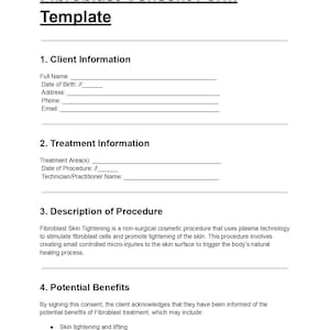 Op de afbeelding: Een wit document getiteld "Fibroblast Toestemmingsformulier Sjabloon" met secties voor cliënt- en behandelingsinformatie. Bevat een beschrijving van de procedure en potentiële voordelen.