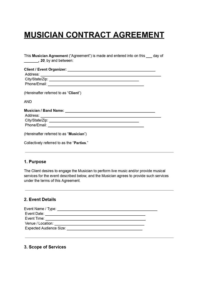 Musician Contract Agreement Template | Performance and Recording Deal ...