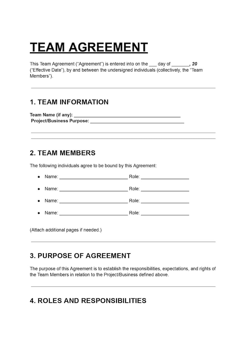 Editable Team Agreement Template: Business Partnership Contract (PDF ...