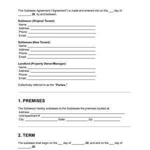 Peut inclure: Un modèle de contrat de sous-location avec le titre "SUBLEASE AGREEMENT TEMPLATE" en texte noir gras. Le document comprend des sections pour les informations du sous-bailleur, du sous-locataire et du bailleur, ainsi que des détails sur les locaux et la durée. Le document est sur fond blanc.