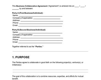 Business Collaboration Agreement Template: Editable DOC & PDF (Digital Download)