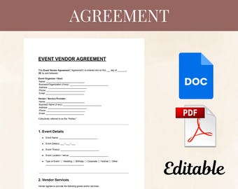 Event Vendor Agreement | Editable DOC & PDF | Vendor Service Contract
