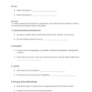 Op de afbeelding: Een document getiteld "MUTUELE TOESTEMMING & GRENZEN OVEREENKOMST" met secties voor partijen, doel, communicatie, toestemming, limieten, privacy en veiligheid. Het document bevat invulregels en opsommingstekens.