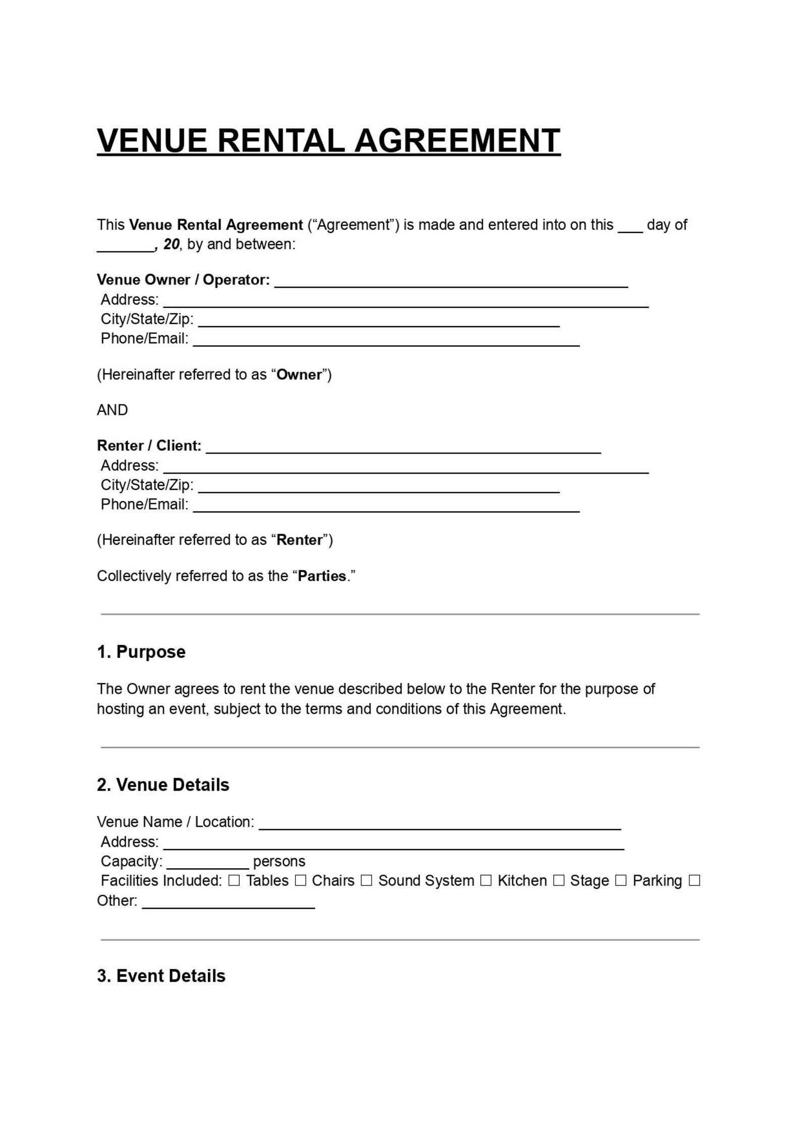 Example Event Rental Agreement Venue Rental Agreement Template | Event Space Contract | Editable DOC ...