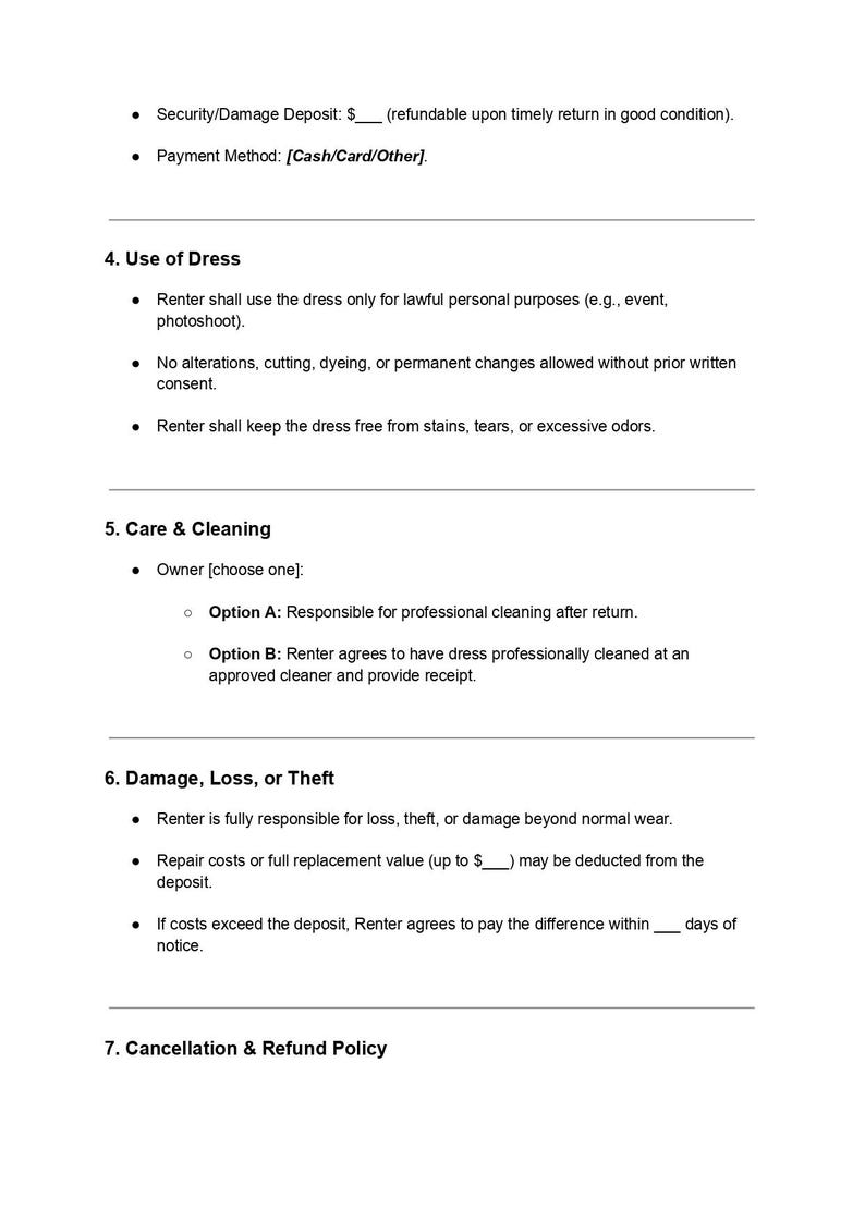 Dress Rental Agreement Template | Editable DOC & PDF | Formal Gown ...