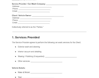 Car Wash Agreement | Editable DOC & PDF | Vehicle Service Contract