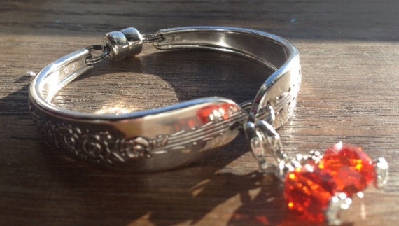 Spoon Bracelet Vintage Silver Plated Flatware Bracelet With Ruby Crystal Bangles and a Star Charm