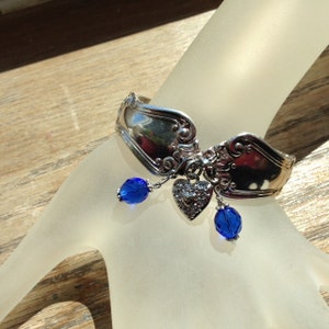 Vintage Flatware Bracelet, Sterling Silver Plated Silverware/Spoon Bracelet With Blue Crystal Bangles