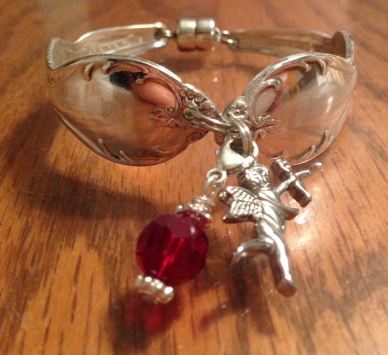 Spoon Bracelet Vintage Silver Plated Flatware Bracelet With Ruby Crystal Bangles and a Star Charm