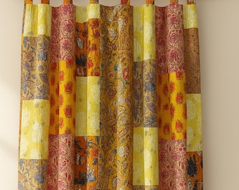 Vintage Kantha Quilted Curtain, Boho Patchwork Cotton-Silk