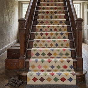 Handmade Kilim Stair Runner, Vintage Geometric Wool Jute Rug,Colorful Cross Pattern Stair Carpet, Custom Size Hallway Runner,Boho Home Decor