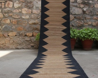 Tappeto da corridoio in juta naturale – Tappeto a zigzag nero e beige tessuto a mano, tappeto da corridoio in stile boho-country, tappeto ecologico