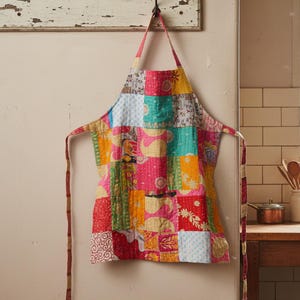 Boho Kantha lapptäckeförkläde | Handgjort quiltat matlagningsförkläde | Färgglad kökspresent till bagare och kockar | Cottagecore lapptäcke köksinredning
