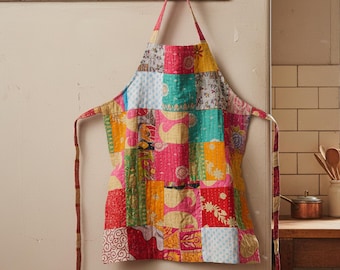 Boho Kantha Patchwork Apron | Handmade Quilted Cooking Apron | Colorful Kitchen Gift for Bakers & Chefs| Cottagecore Patchwork Kitchen Decor