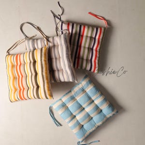 Striped Cotton Chair Cushion with Ties | Farmhouse Dining Seat Pad | Handmade Boho Cushion | Rustic Kitchen & Patio Decor