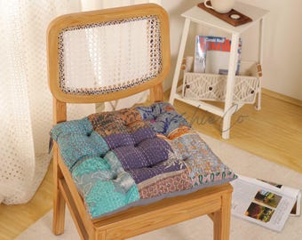 Cojín de silla de patchwork Kantha hecho a mano, cojín de asiento bohemio