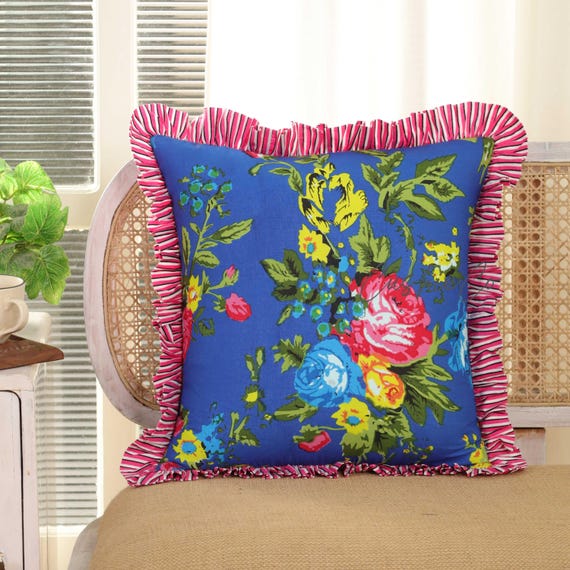 Blue Chintz Floral Print Ruffle Pillow Cover Vintage Bouquet