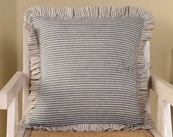Handmade Linen Striped Pillow Cover – Bohemian Ruffle Cushion
