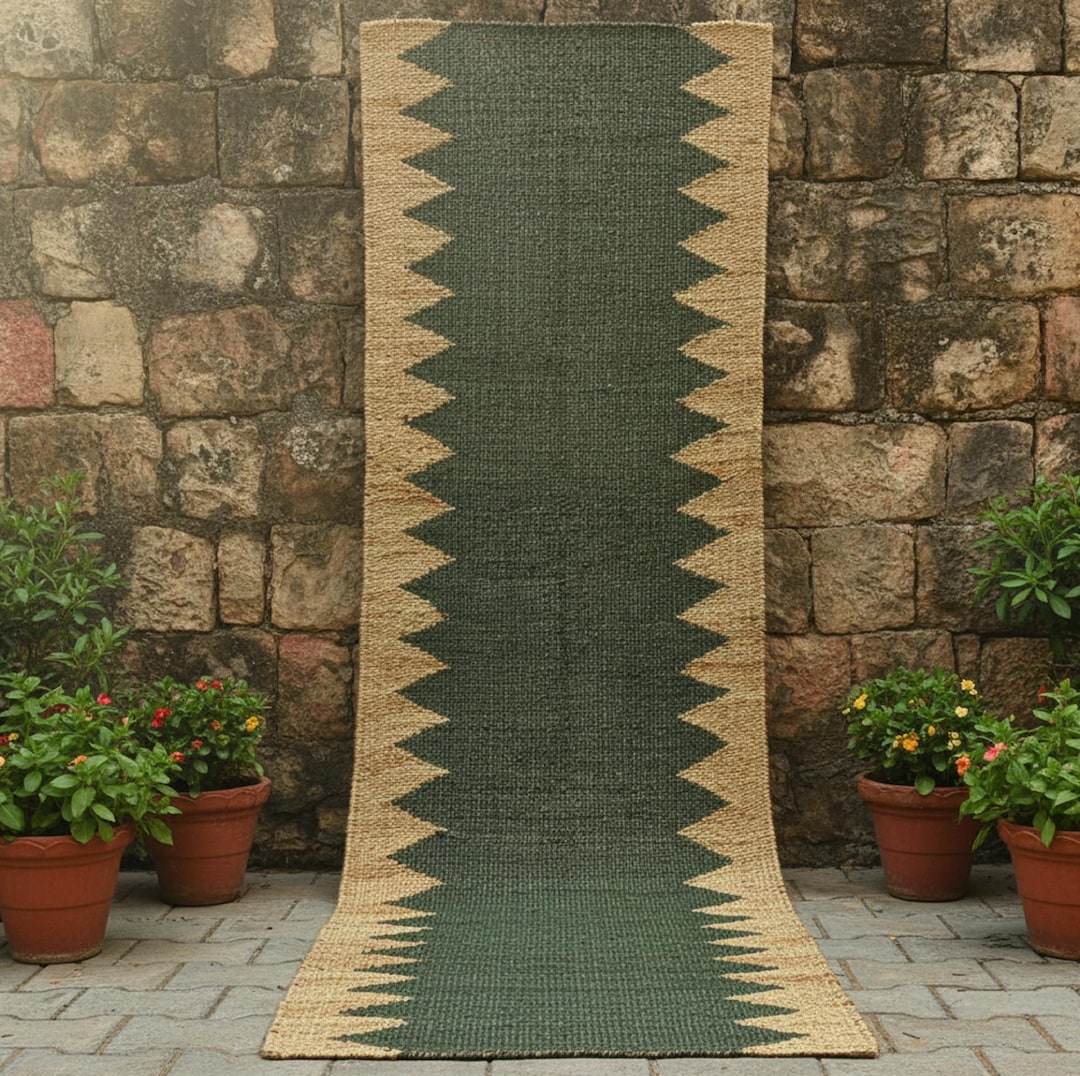 Earthy Green Rug Runner Natural Jute Hemp Rug Runner – Green & Beige Zigzag Handwoven Carpet ...