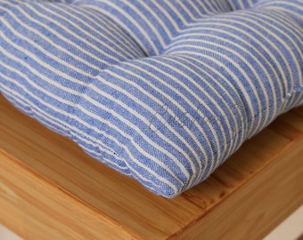 Handmade Farmhouse Blue Striped Chair Pad | Tufted Linen Cushion